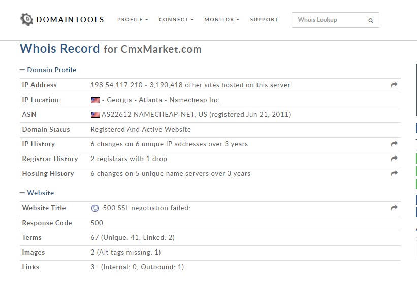 Relevé d'enregistrement de cmxmarket.com conservé en 2021, sans identité de titulaire