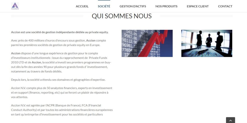 Capture de la page d'accion.fr vantant une société de gestion enregistrée.