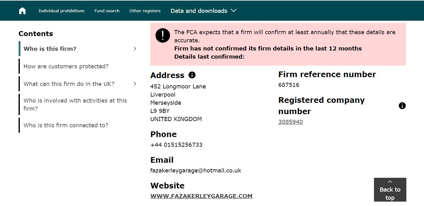 Registre britannique : la societe dont le numero d'agrement est affiche par la vitrine n'a pas actualise ses coordonnees, et le site qui lui est rattache est fazakerleygarage.com.
