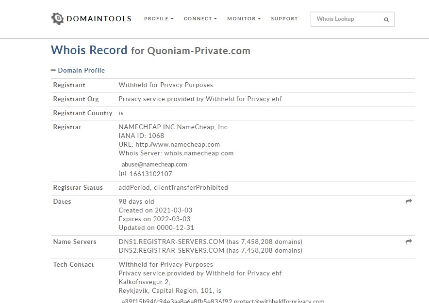 Le relevé d'enregistrement du nom quoniam-private.com consulté lors de notre enquête de juin 2021 : aucun titulaire identifiable n’y figure.