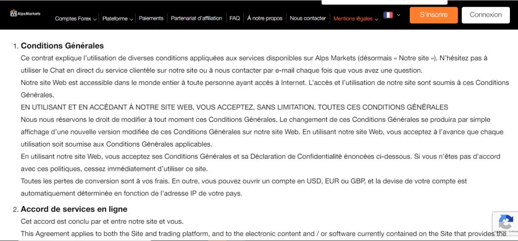Extrait des conditions de service du site, telles qu'il les présentait en 2021.