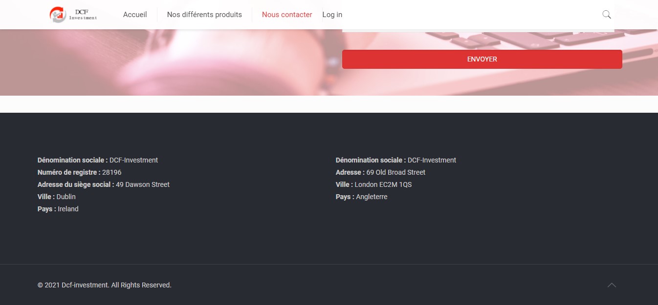 Capture du site dcf-investment.com revendiquant une implantation au Royaume-Uni.