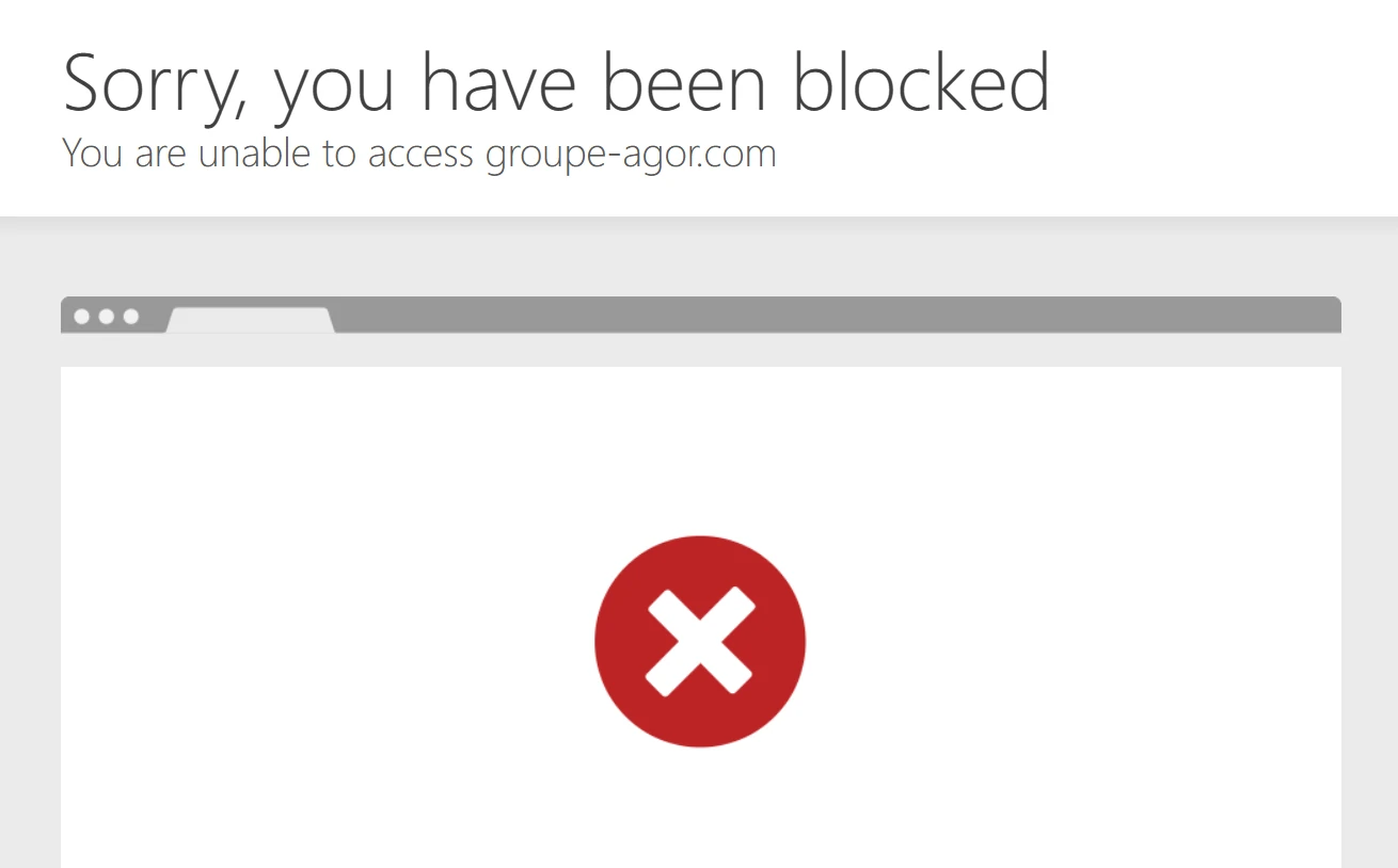 Message de blocage par pays affiché par la plateforme Groupe Agor en 2023