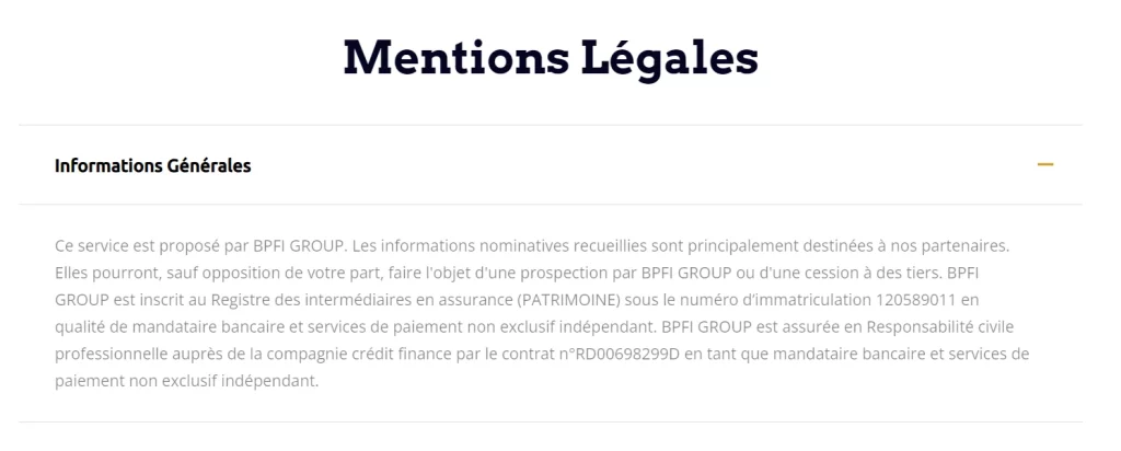 Dans l'arnaque Banque Populaire Finance International les mentions légales ne sont pas légales.