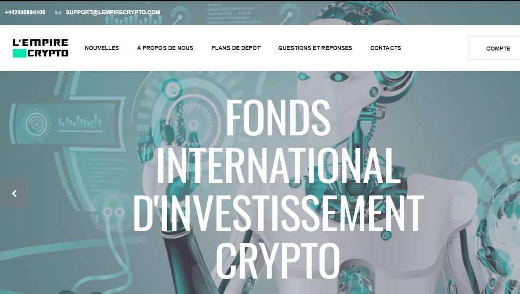 Page d'accueil de l'arnaque L'Empire Crypto