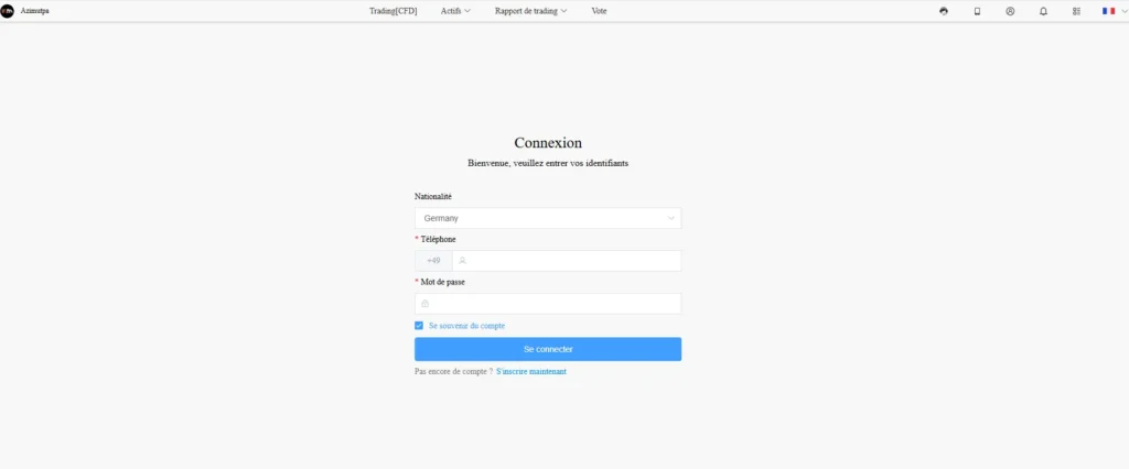 Azimutpa avis page de connexion du site de trading CFD