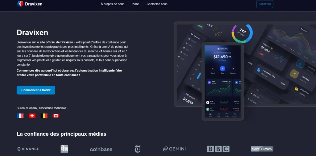Page d’accueil de Dravixen, fausse plateforme de trading IA non régulée