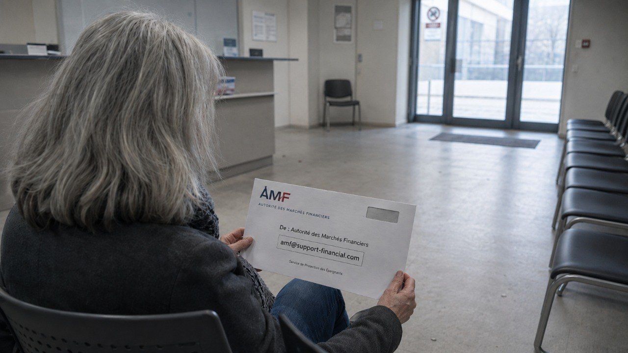 Illustration usurpation AMF — enveloppe frauduleuse amf@support-financial.com