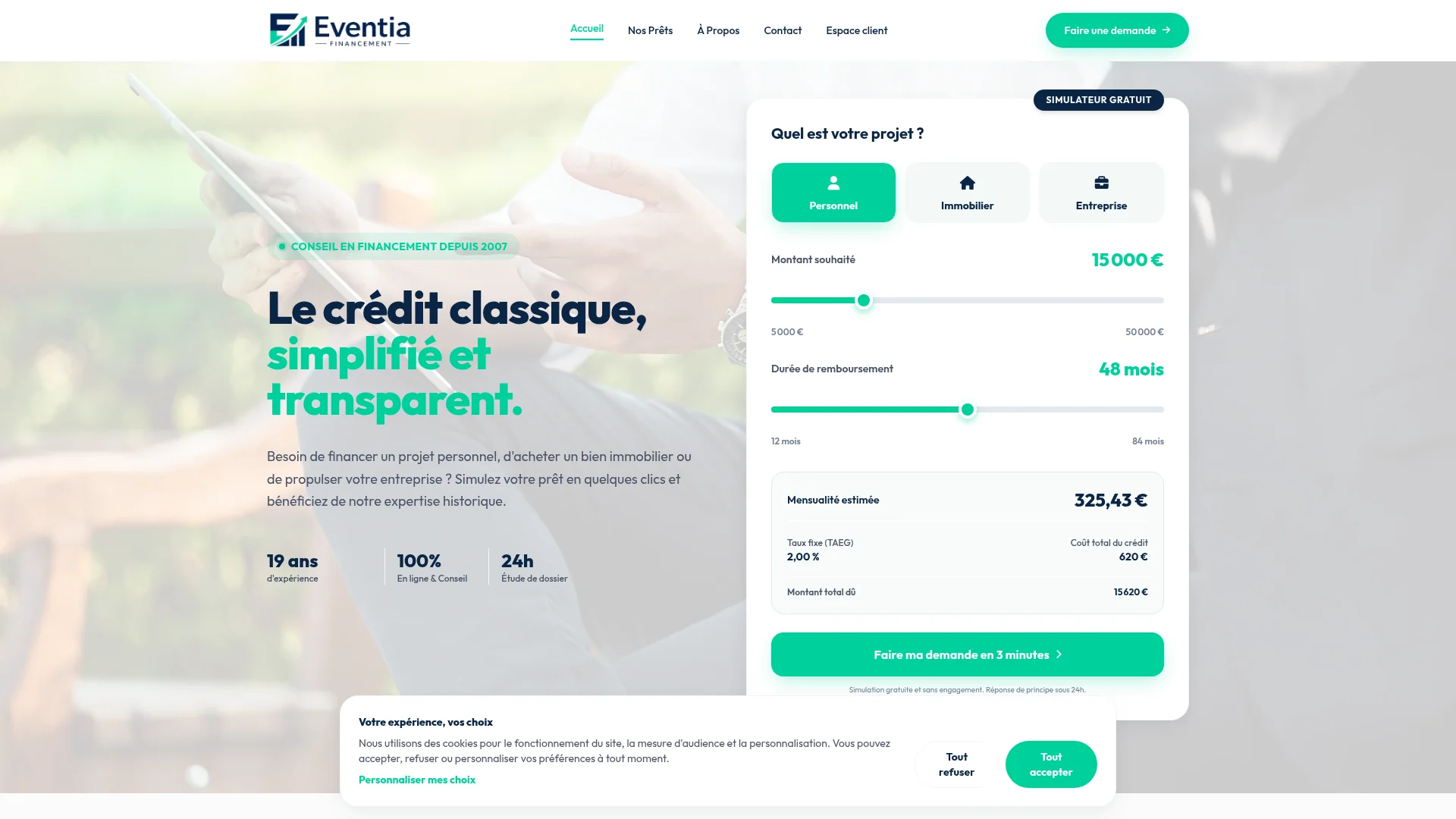 Capture de la page d'accueil du site eventiafinancement.fr