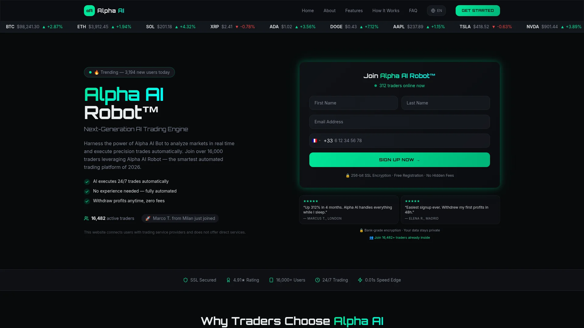 Capture du site alphaairobot.com — robot trading IA blacklisté par l'AMF