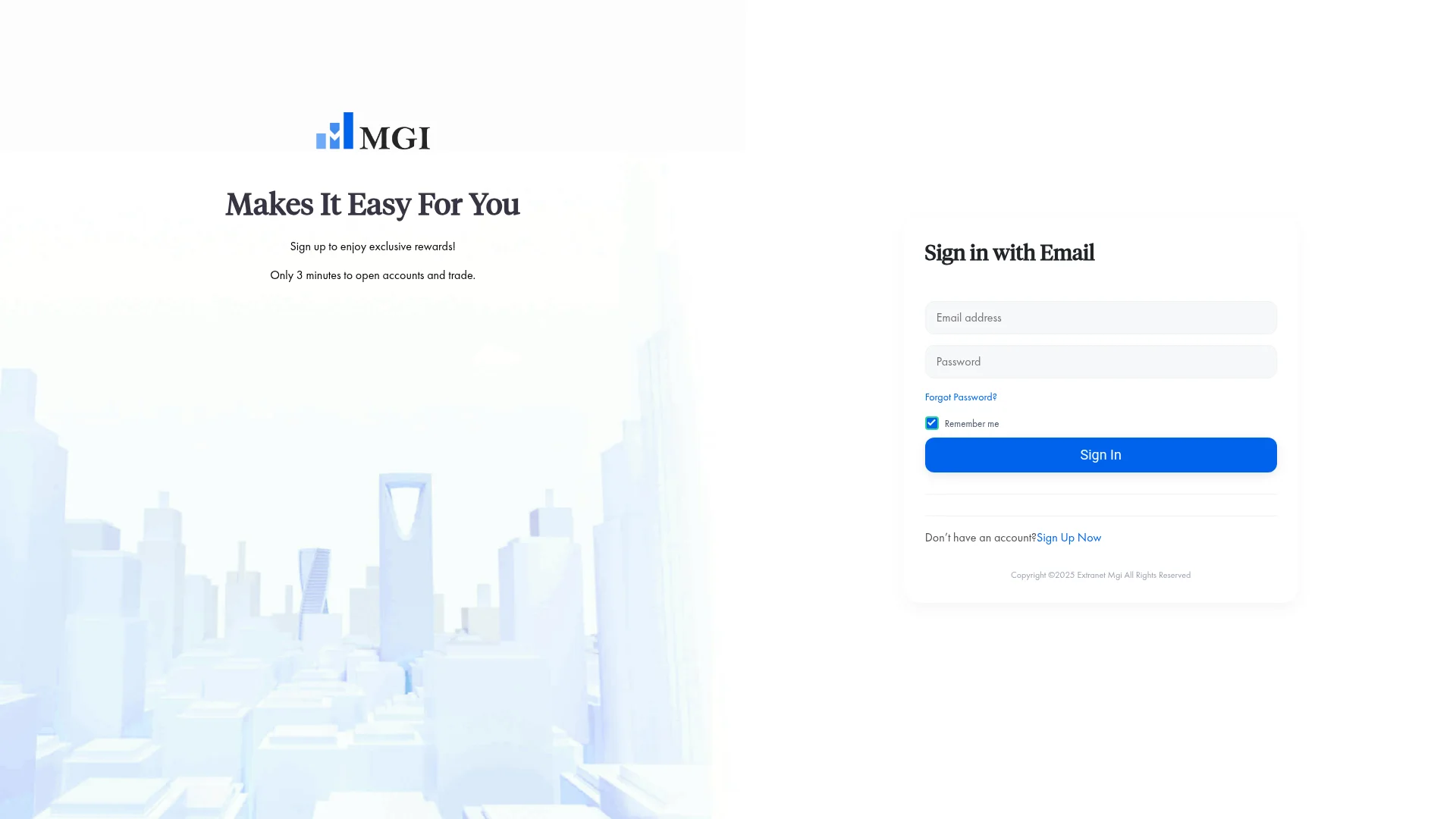 Capture de la page de connexion extranet-mgi.com — plateforme blacklistée par l'AMF