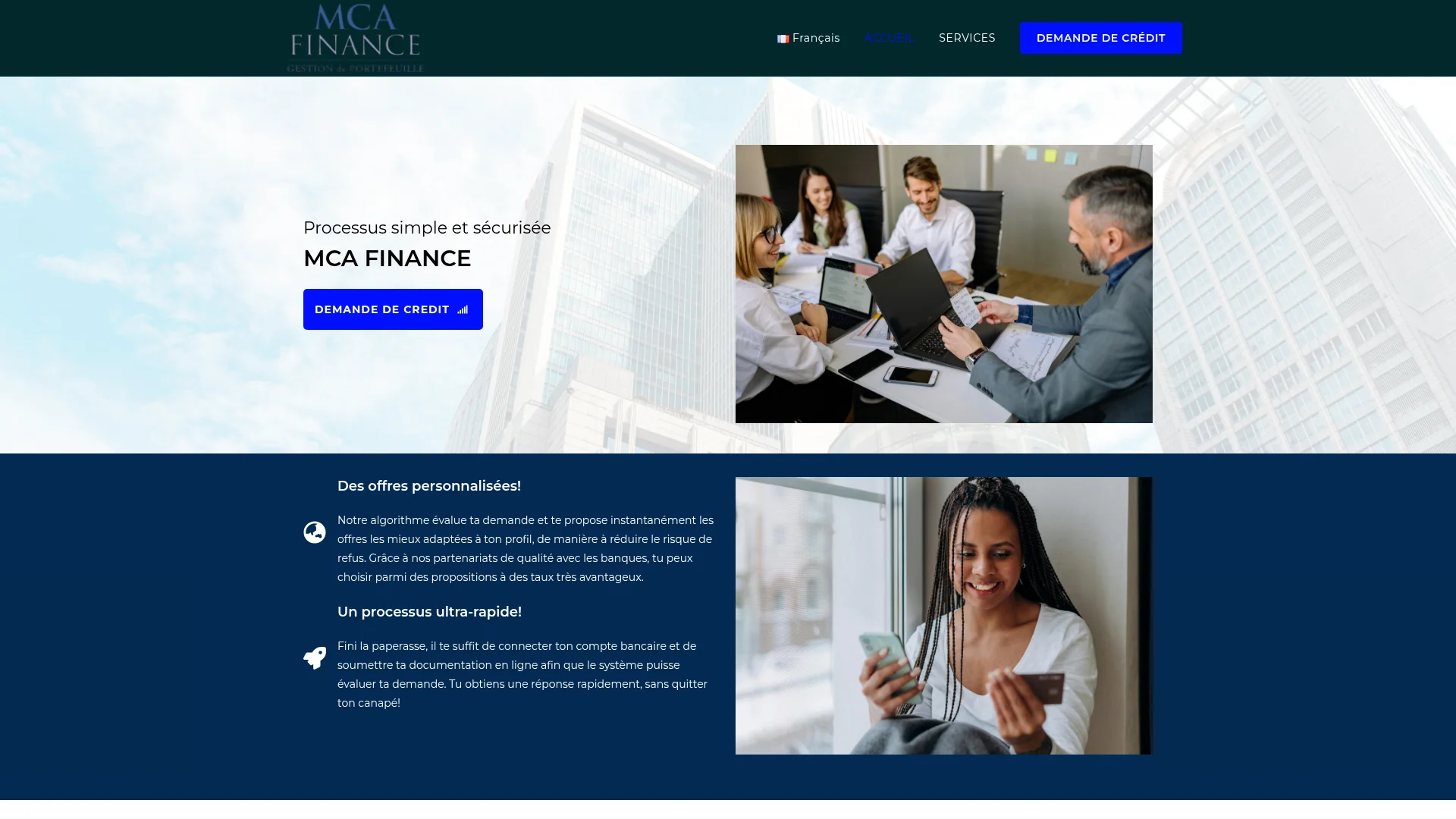 Capture de la page d'accueil de mcafinances.com — site usurpateur blacklisté par l'AMF