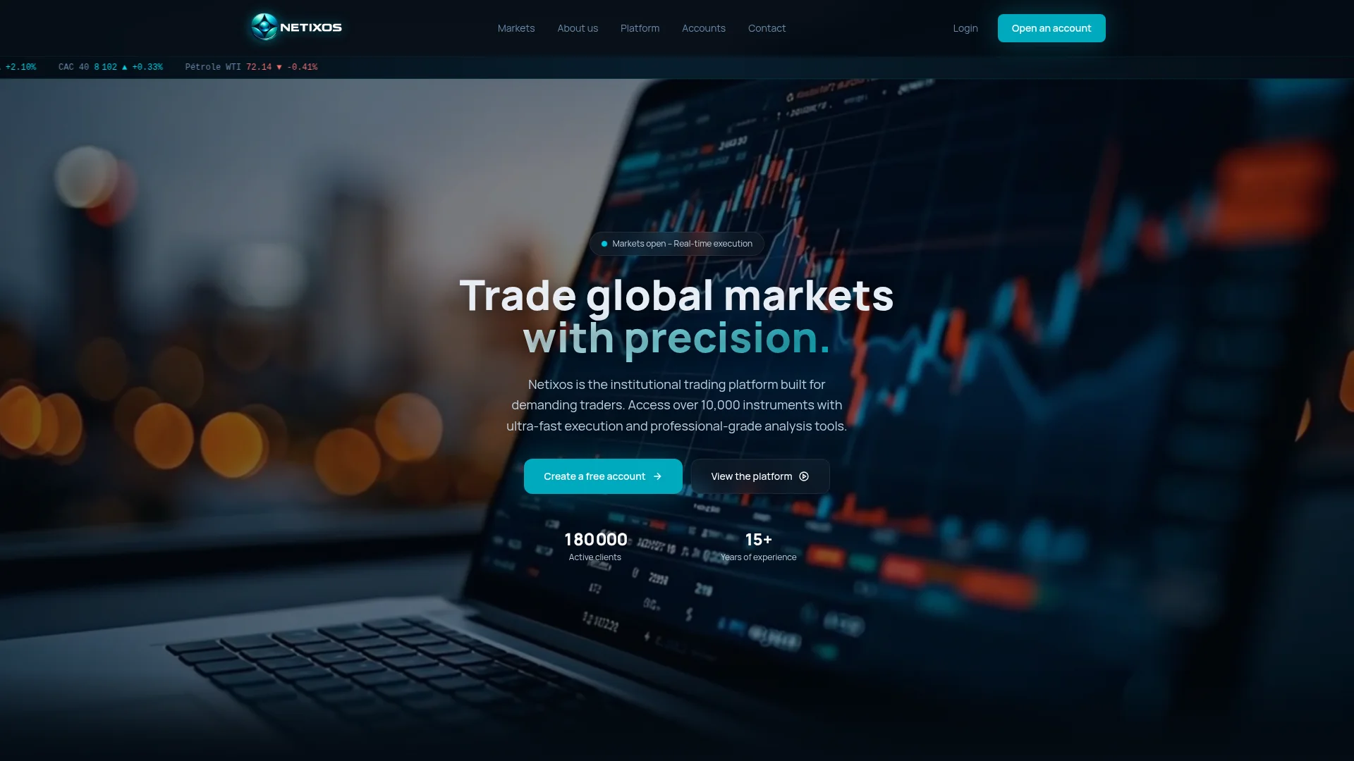 Capture de la page d'accueil de netixos.com — plateforme de trading blacklistée par l'AMF
