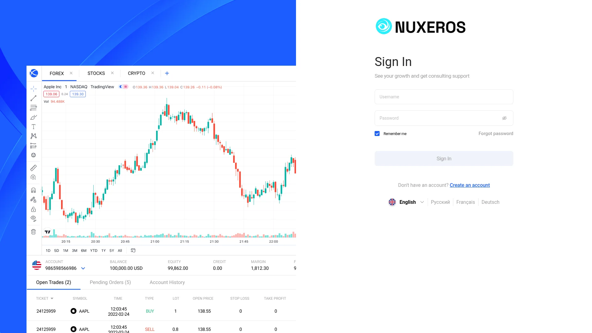 Capture de la page de connexion de webtrader.nuxeros.app