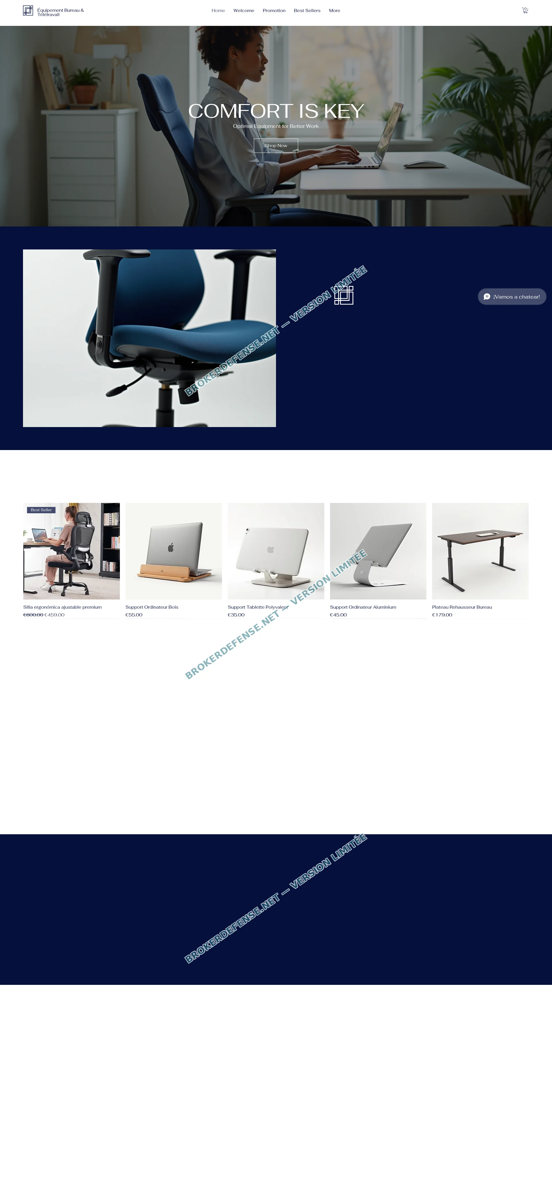 Capture du 25 octobre 2026 de elassur.net, page d'accueil d'une boutique de mobilier de bureau