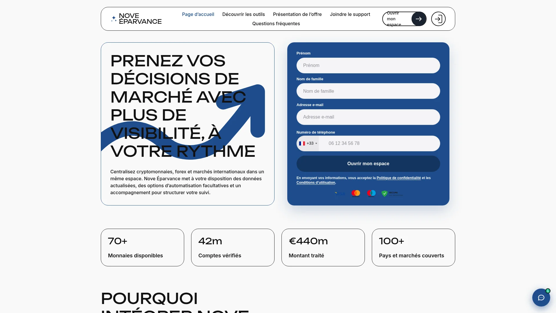 Écran d'accueil de noveeparvance.com le 27 octobre 2026, avec les quatre compteurs et la fenêtre d'inscription au-dessus du formulaire de rappel