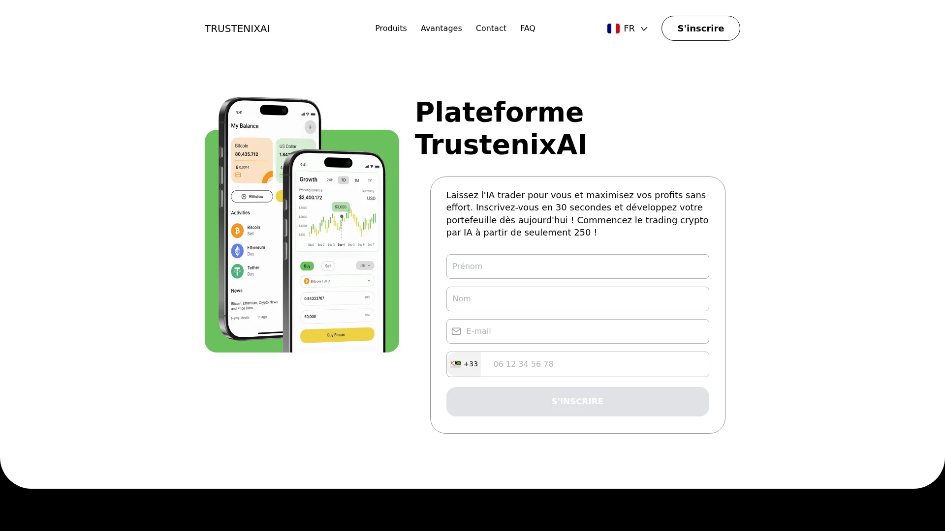 Page d accueil de TrustenixAI : marques affichees, simulateur de gains et formulaire d inscription