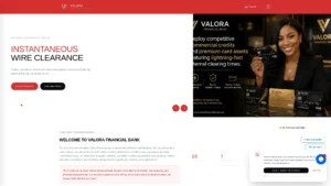 Page d'accueil de valorafinancialbank.com capturée le 19 octobre 2026, bandeau de sécurité et offres de comptes