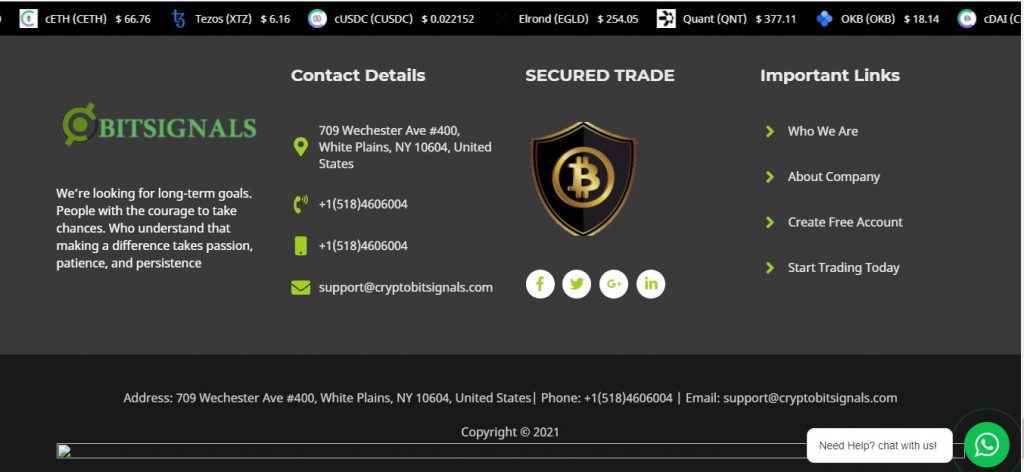Le bas de page de Cryptobitsignals.com.