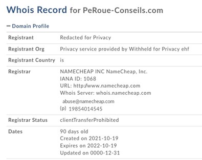 Un WHOIS anonyme : Peroue-conseils.com.